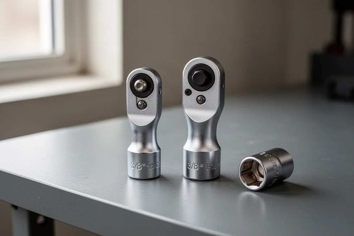 Mechanic comparing two 3/8-drive ratchet heads side by side on a workbench