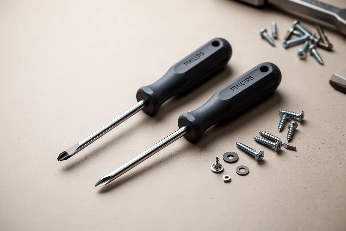 Two Phillips screwdrivers resting on a workbench beside small fasteners