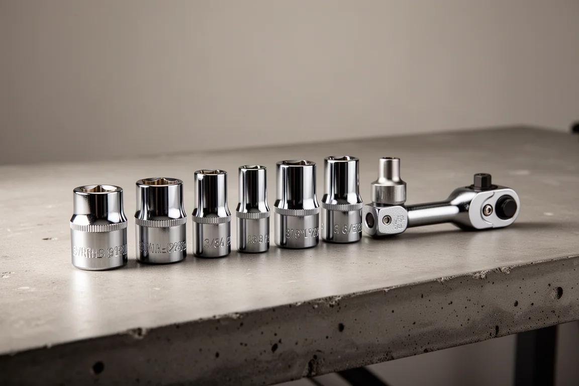 Sockets lined up on a workbench with a ratchet head nearby