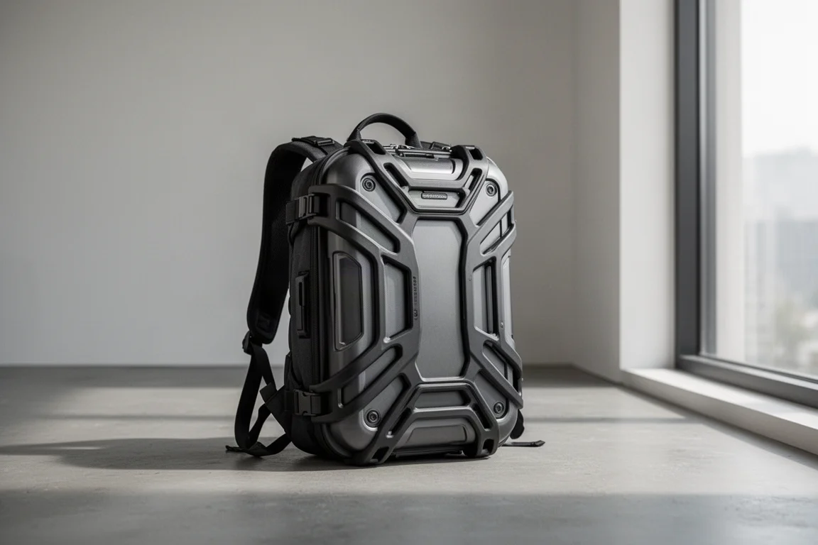 Mochila futurista de casco rígido em pé sobre um piso de concreto com luz suave