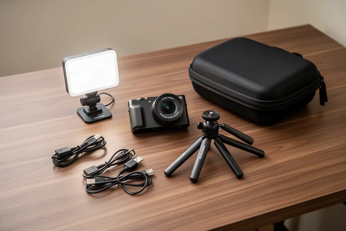 Vista aérea flat-lay de um kit de câmera e acessórios de tecnologia organizados sobre uma escrivaninha de madeira