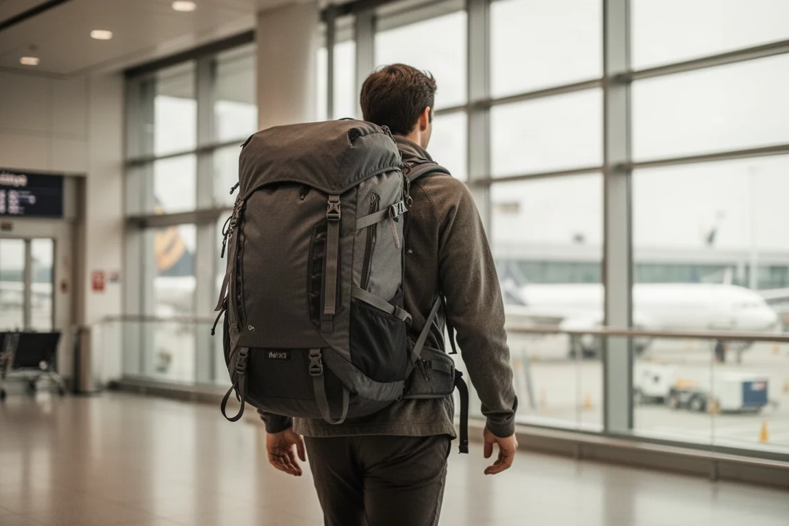 Viajante com uma mochila técnica grande caminhando pelo saguão de um aeroporto