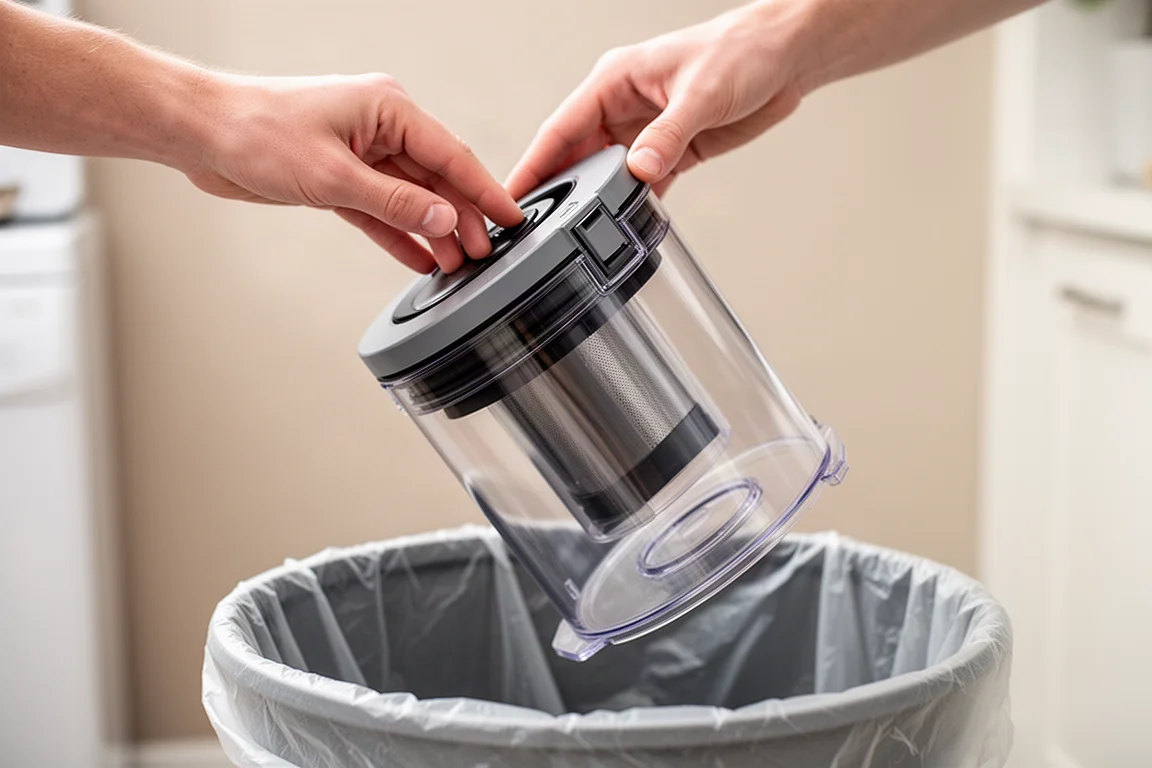 Esvaziamento com uma mão de um recipiente transparente de poeira do aspirador