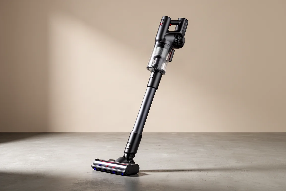 Aspirapolvere a scopa senza filo Kobalt 20V Max in posizione verticale su un pavimento in cemento