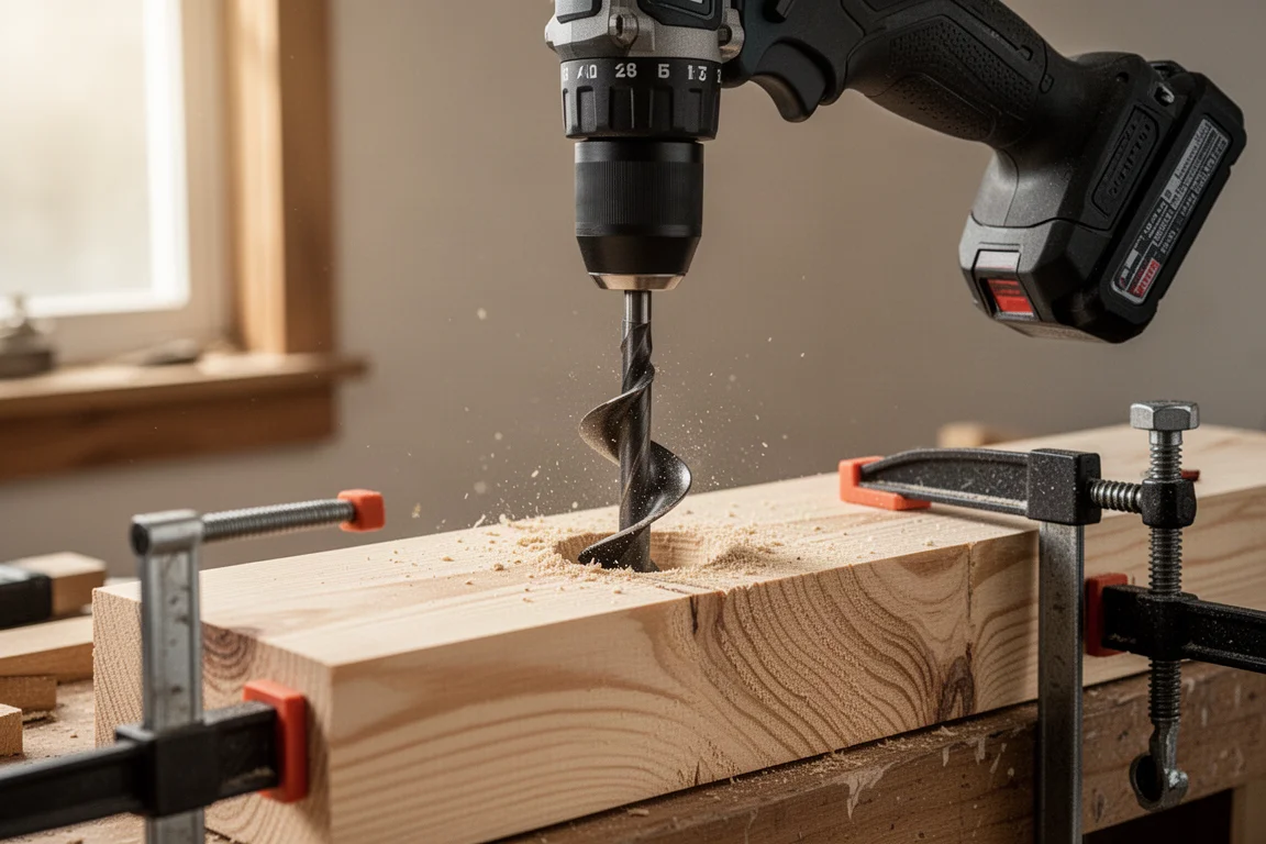 Trapano a batteria che avvita una punta grande in una tavola di legno spesso su un banco da lavoro