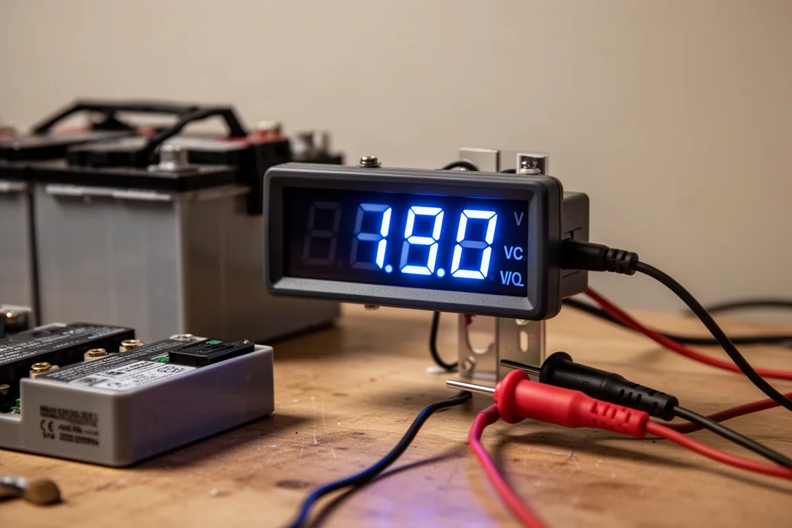 Display di un voltmetro digitale che mostra le letture di tensione durante un test di carico della batteria