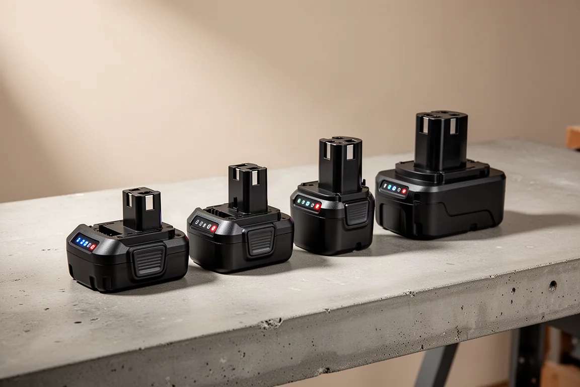 Four cordless tool batteries of increasing size lined up on a workbench