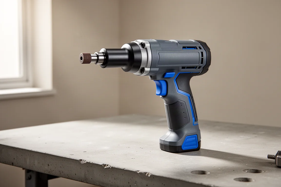 Kobalt 24V cordless die grinder standing on a concrete workbench