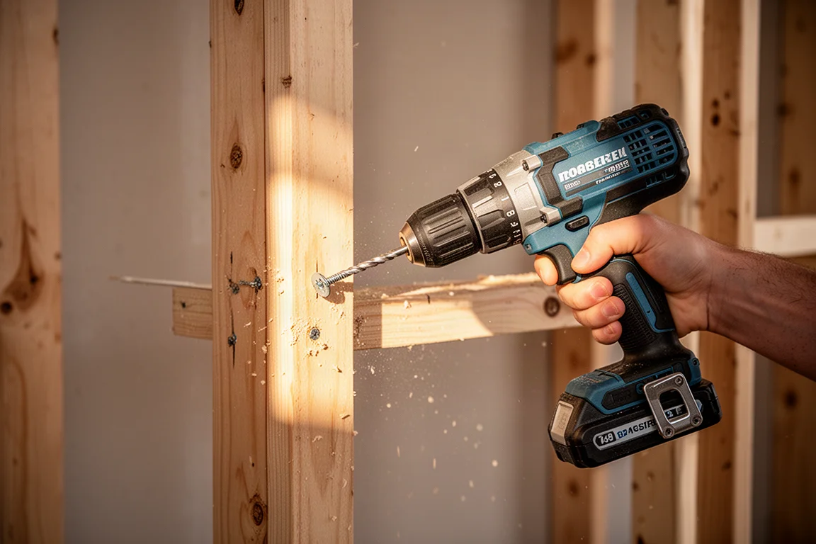 Taladro insertando una broca en un entramado de madera en una obra