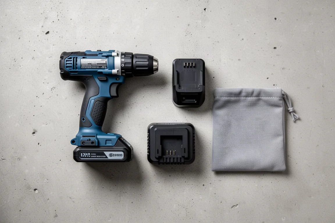 Vista superior de un kit de taladro inalámbrico con batería y cargador sobre hormigón