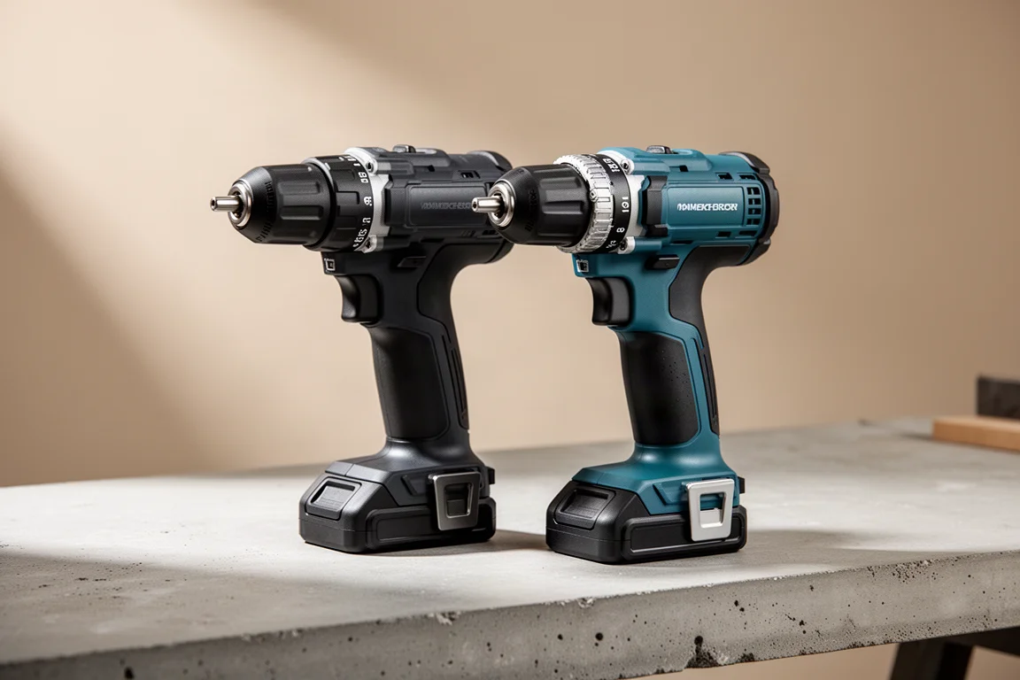 Trapano avvitatore e trapano a percussione Kobalt 24V Gen 3 affiancati su cemento