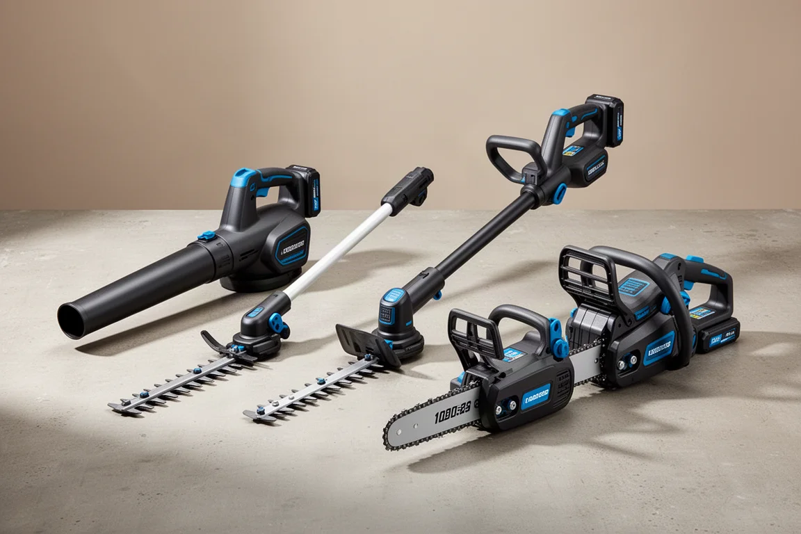 Cordless outdoor power tool lineup arranged on a concrete surface