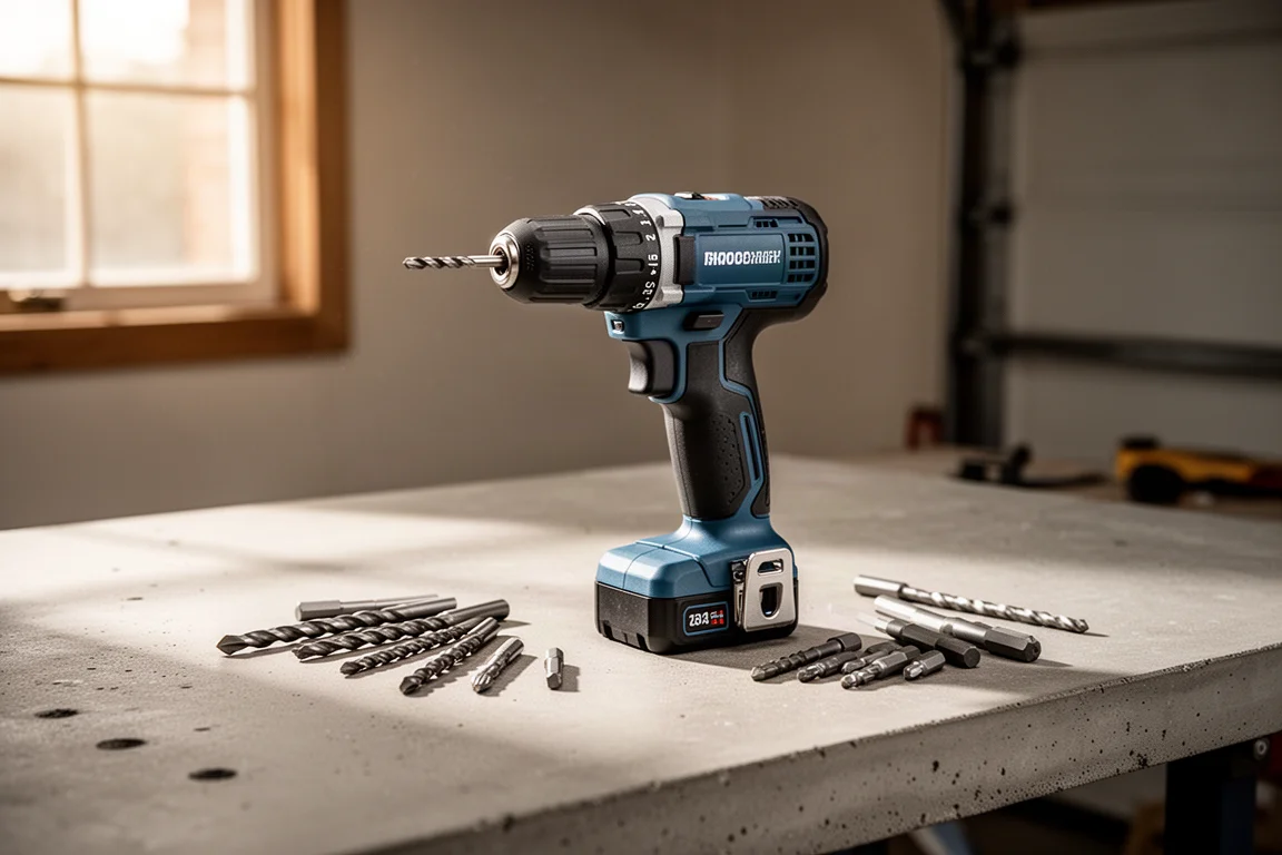 Compact cordless hammer drill resting on a workbench beside drill bits