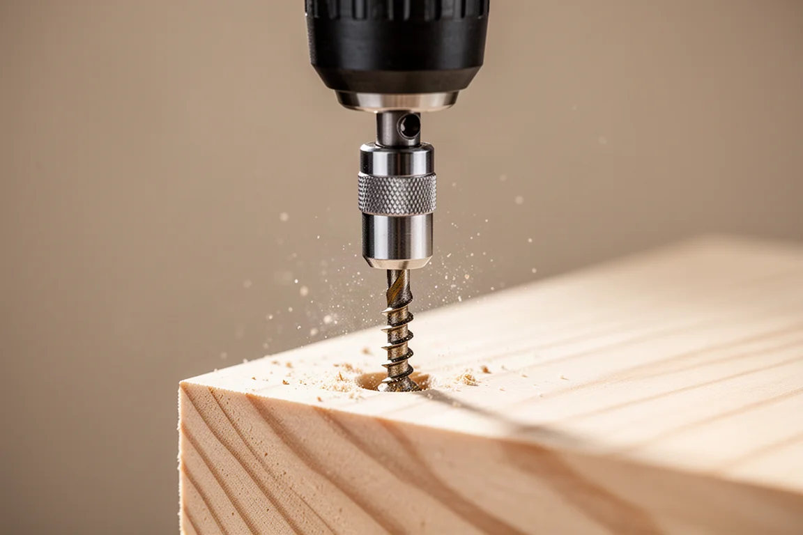 Close-up of a drill driving a screw flush into wood with a magnetic bit holder