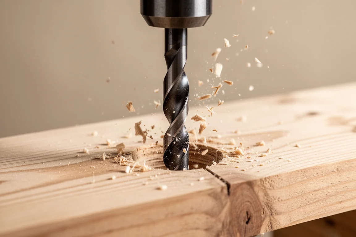 Wood chips ejecting from a drilled hole in a plank