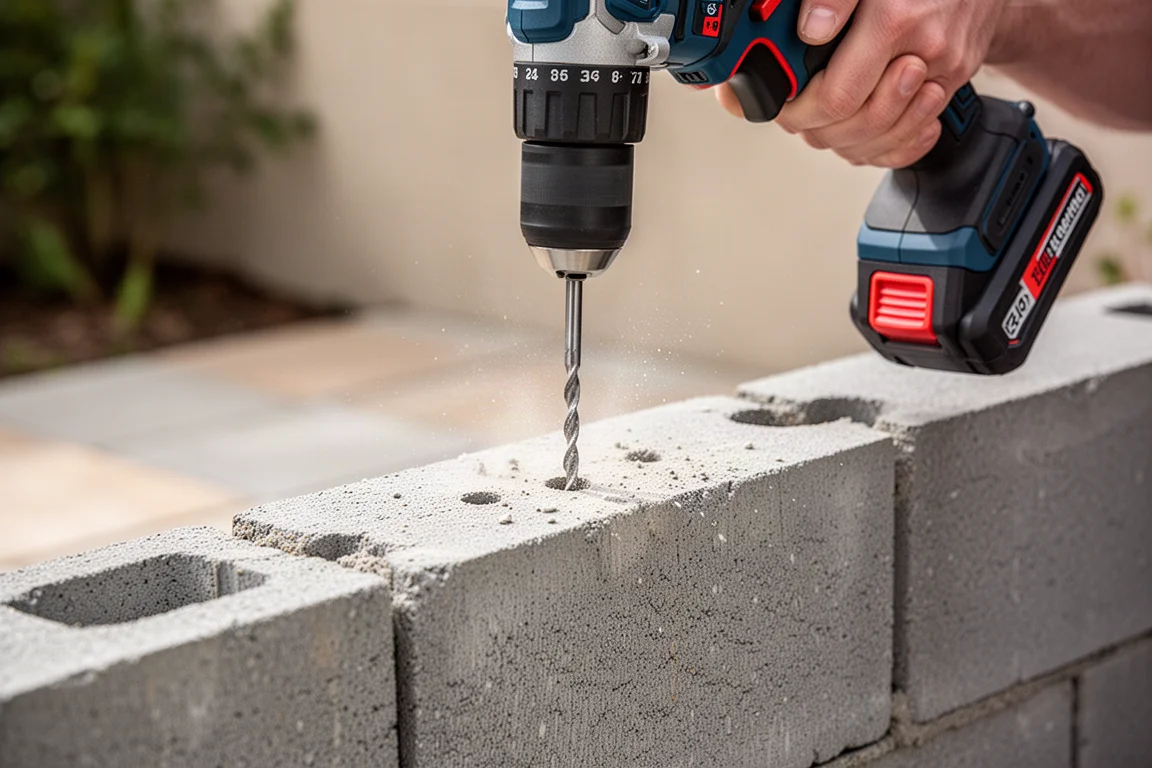 Hammer drill boring into a concrete block with light dust around the hole