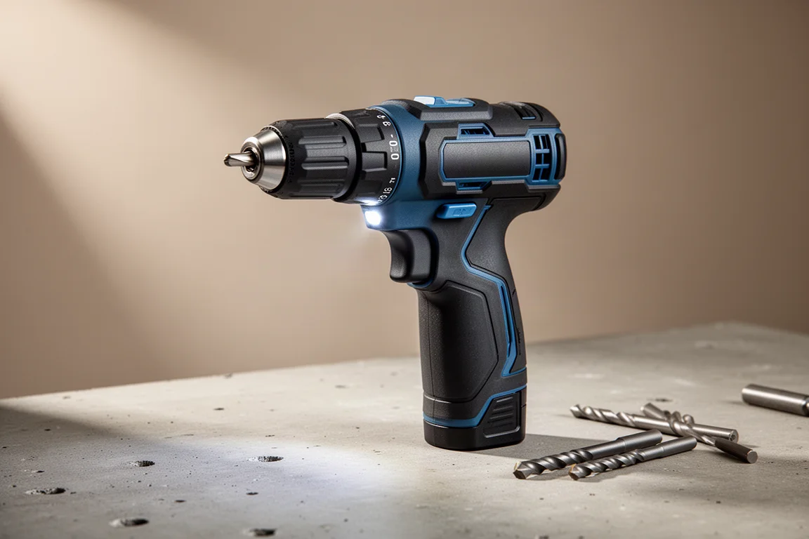 Compact cordless hammer drill on a workbench with drill bits beside it