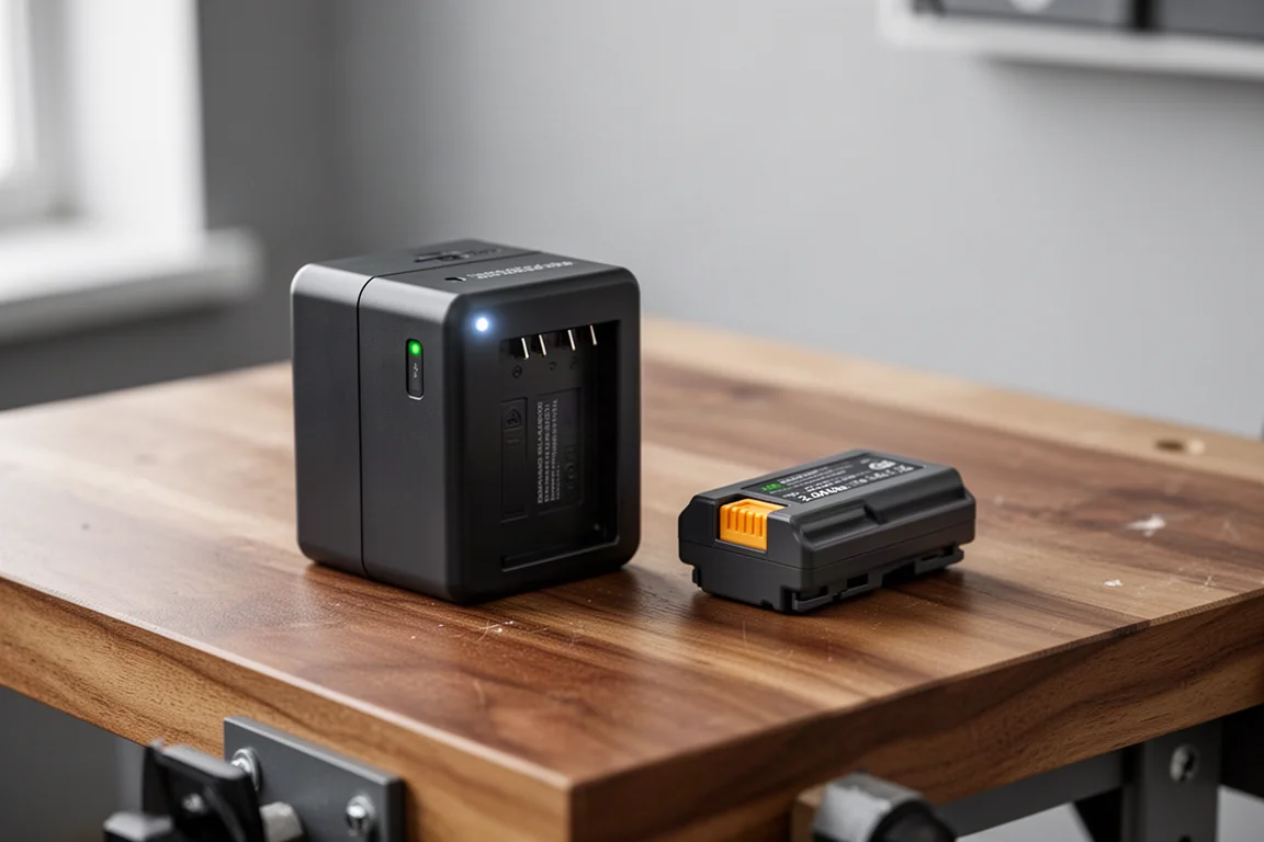 ケーブルをきれいに整理した充電器とバッテリーパックを作業台に置いた様子