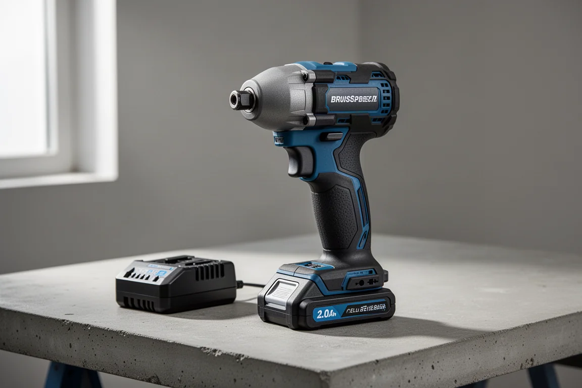 Kit Kobalt 24V Max brushless impact driver con batteria e caricabatterie su un banco da lavoro