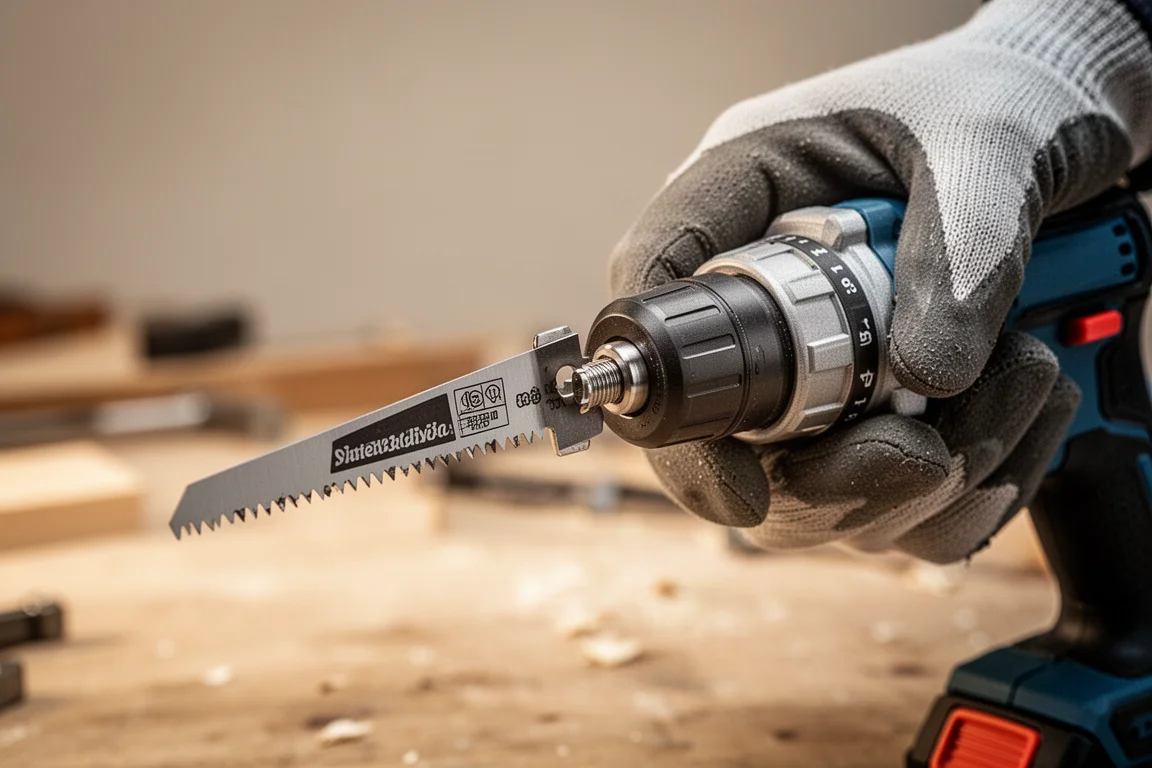 Close-up of a reciprocating saw blade locked into the toolless chuck
