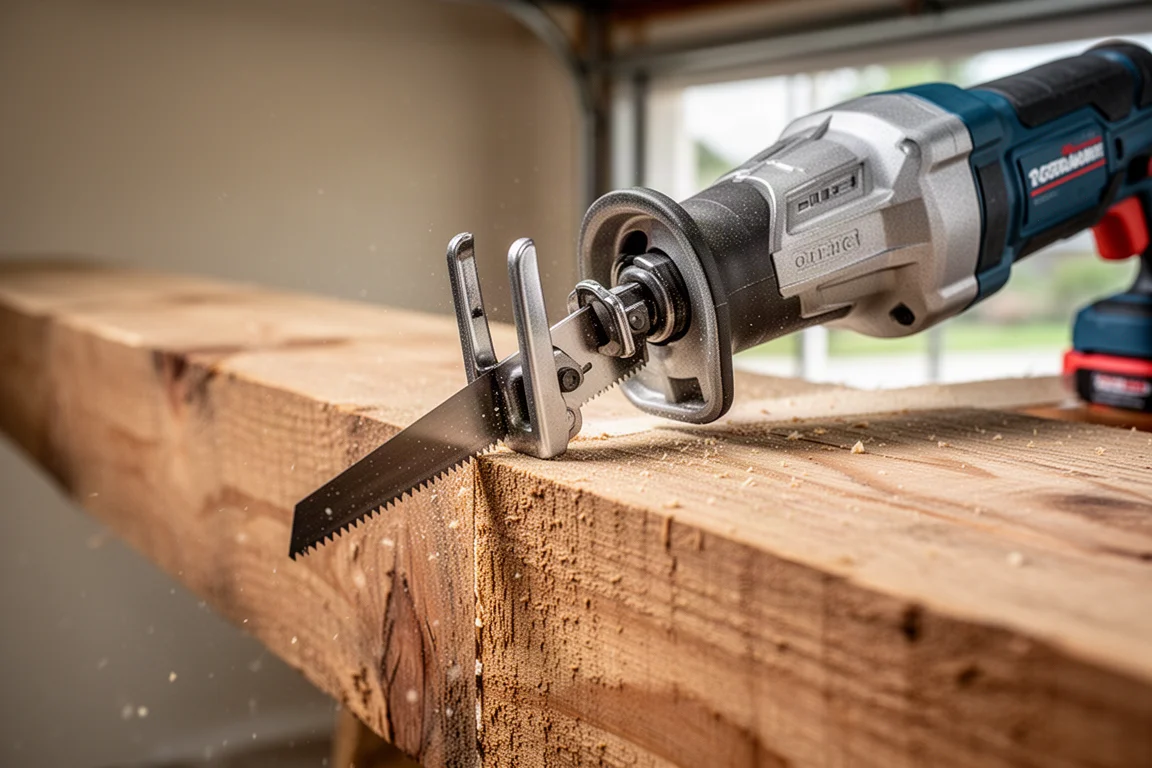 Adjustable metal shoe of a reciprocating saw pressed against a thick timber beam