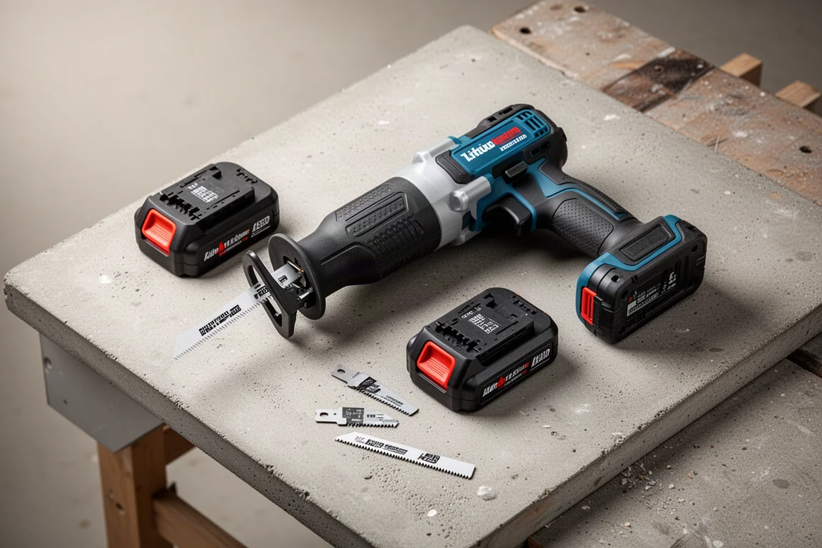 Cordless reciprocating saw resting on a workbench beside battery packs