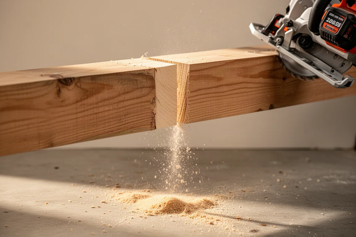 Sawdust falling from a fresh cut in a thick wooden beam