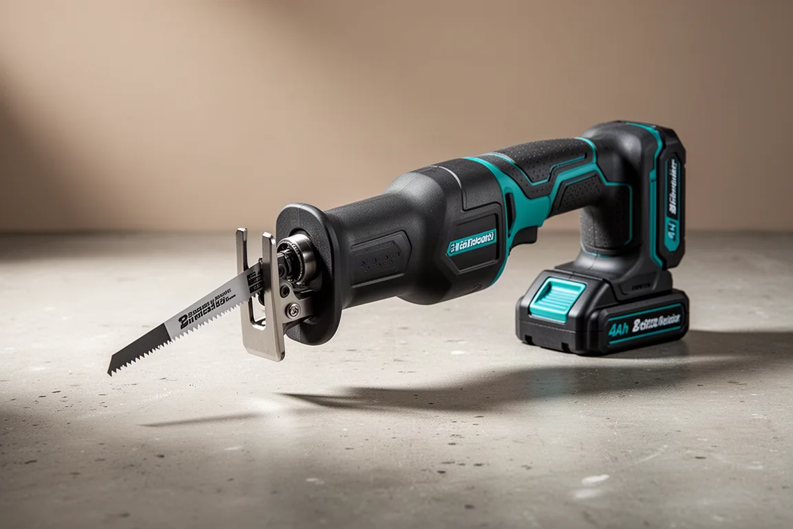 Compact cordless reciprocating saw with blade and battery on a concrete workshop surface