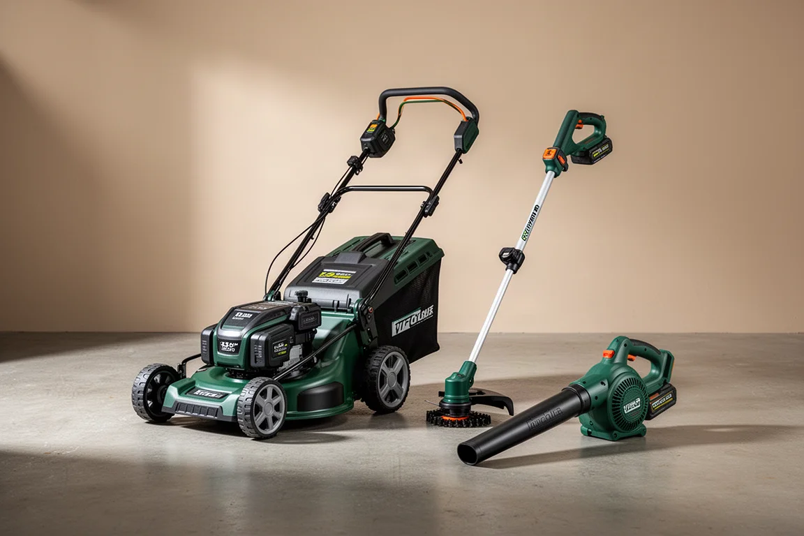 Kobalt 24V compact mower, string trimmer, and leaf blower arranged on concrete