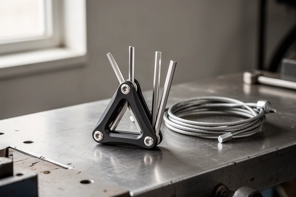 Triangular three-way hex key tool resting on a workshop bench