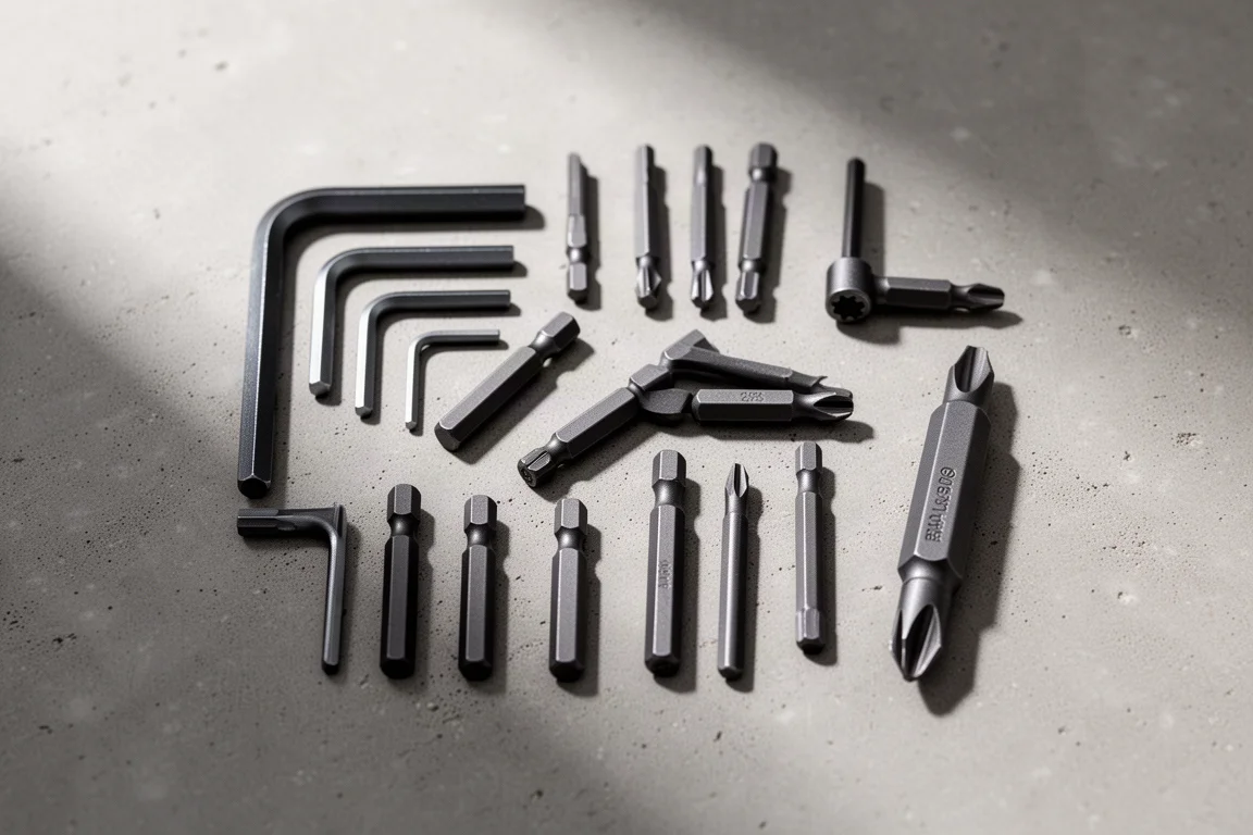 Removable tool bits laid out on a neutral surface