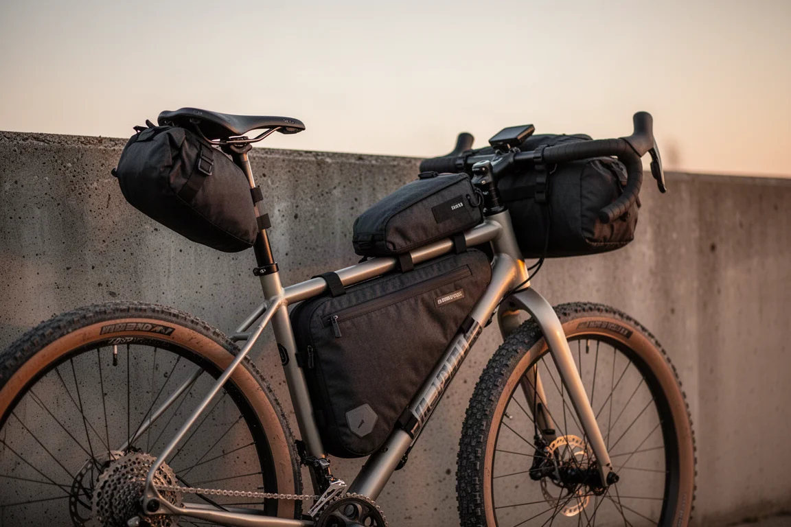 Bike packing bag on a bicycle frame in soft evening light