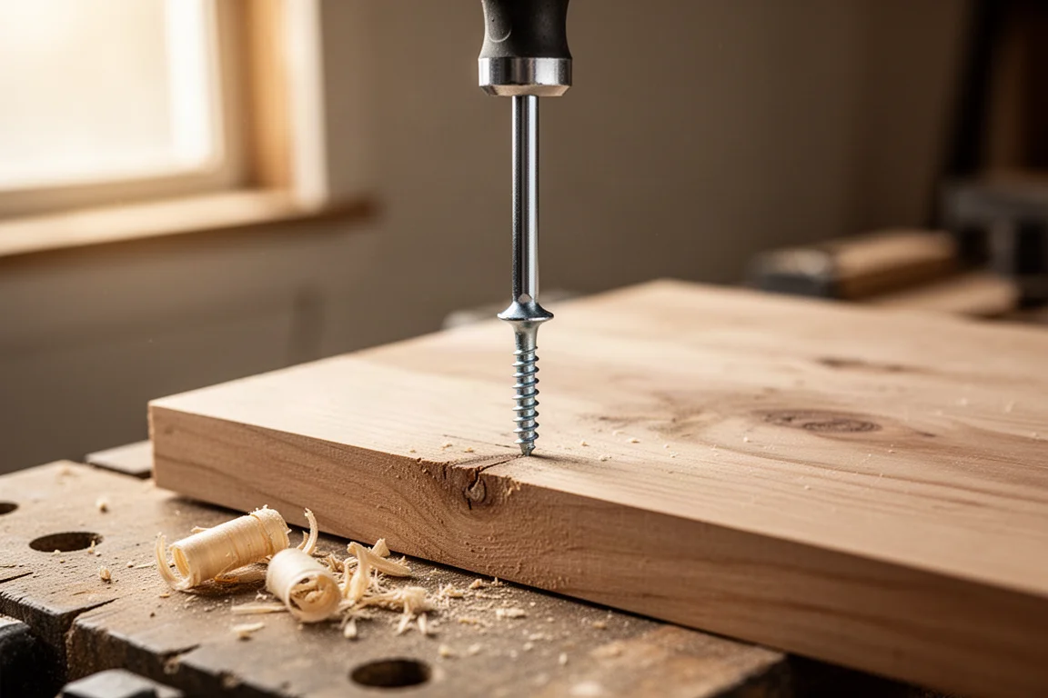 Destornillador atornillando un tornillo en una tabla de madera bajo una luz suave de taller