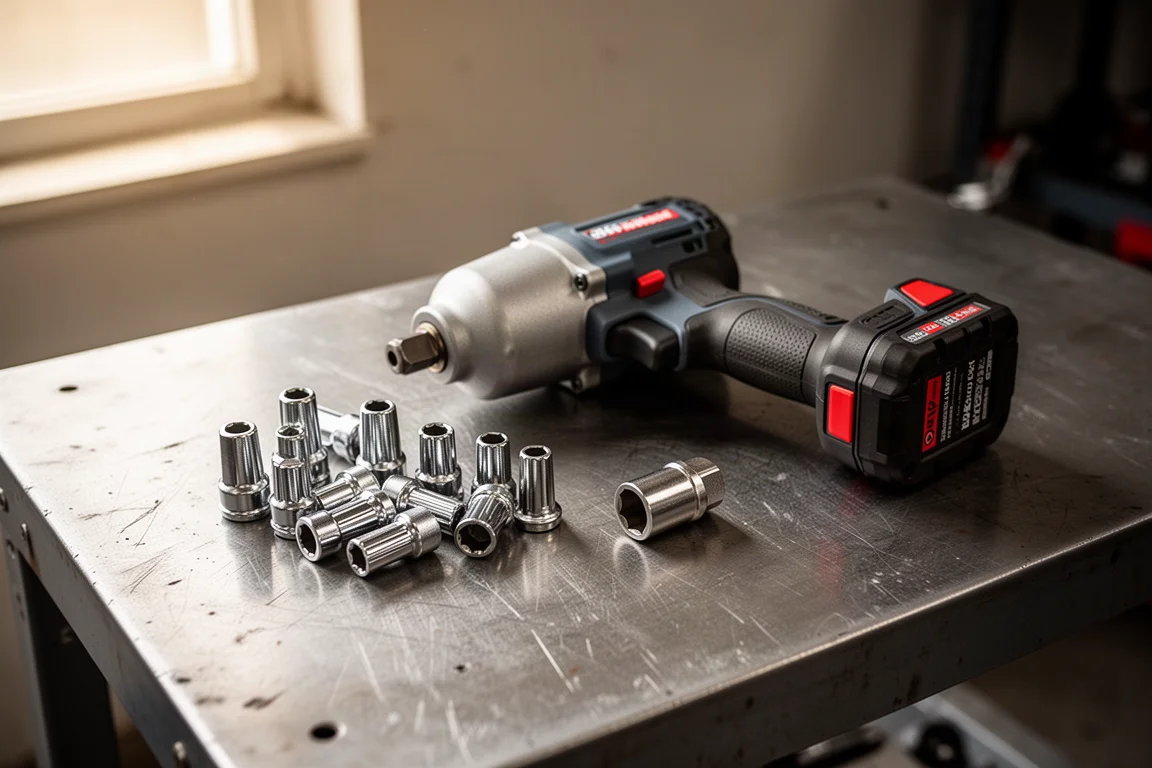Impact wrench resting on a workshop bench beside wheel lug nuts