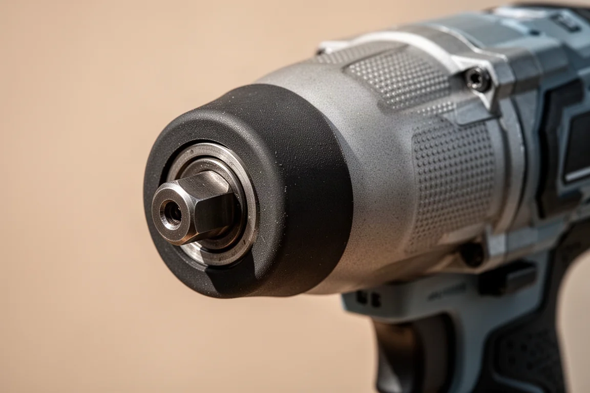 Close-up of the rubber nose cover and anvil of an impact wrench