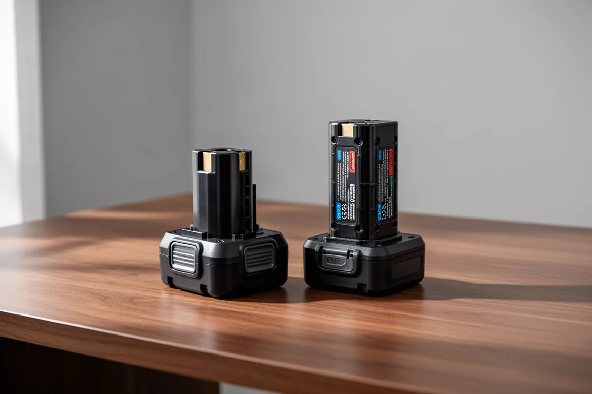 Two battery packs of different sizes side by side on a wooden desk