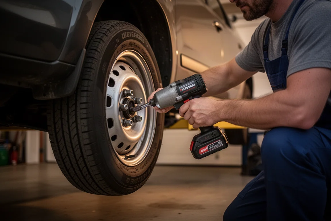 Mechanic loosening a truck wheel with a cordless impact wrench at dusk