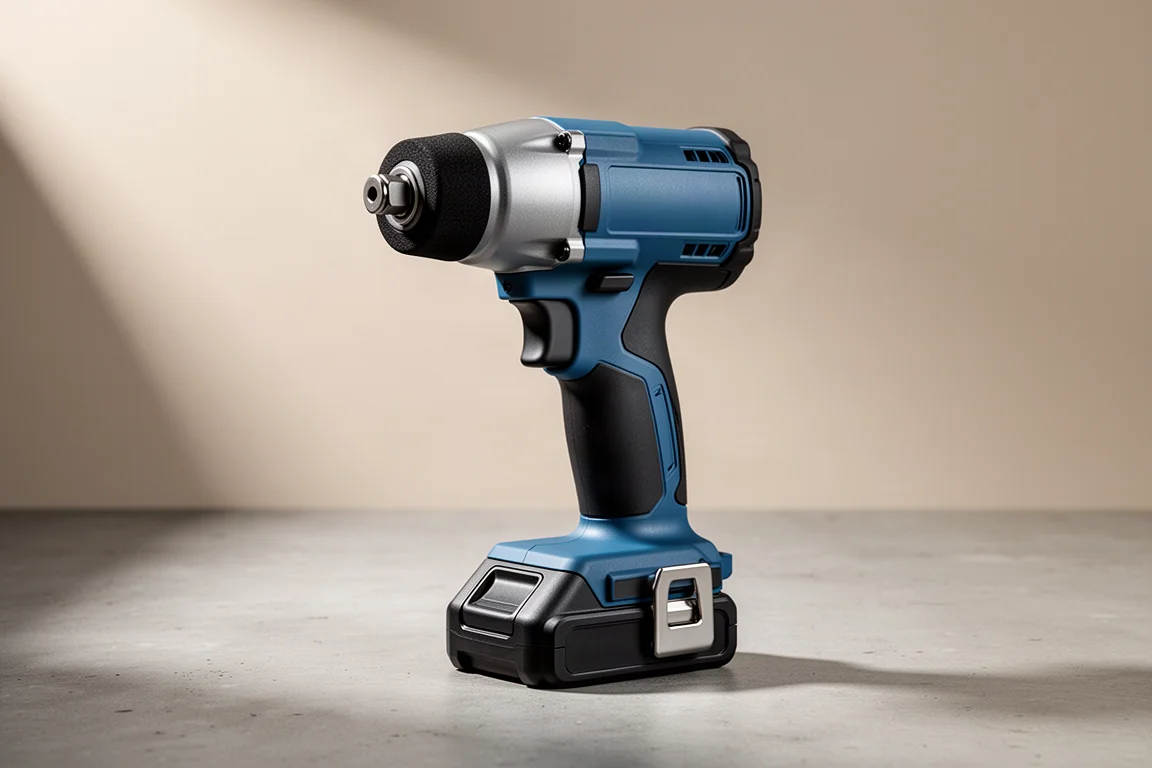 Avvitatore a impulso mid-torque a batteria blu e nero su una superficie in cemento