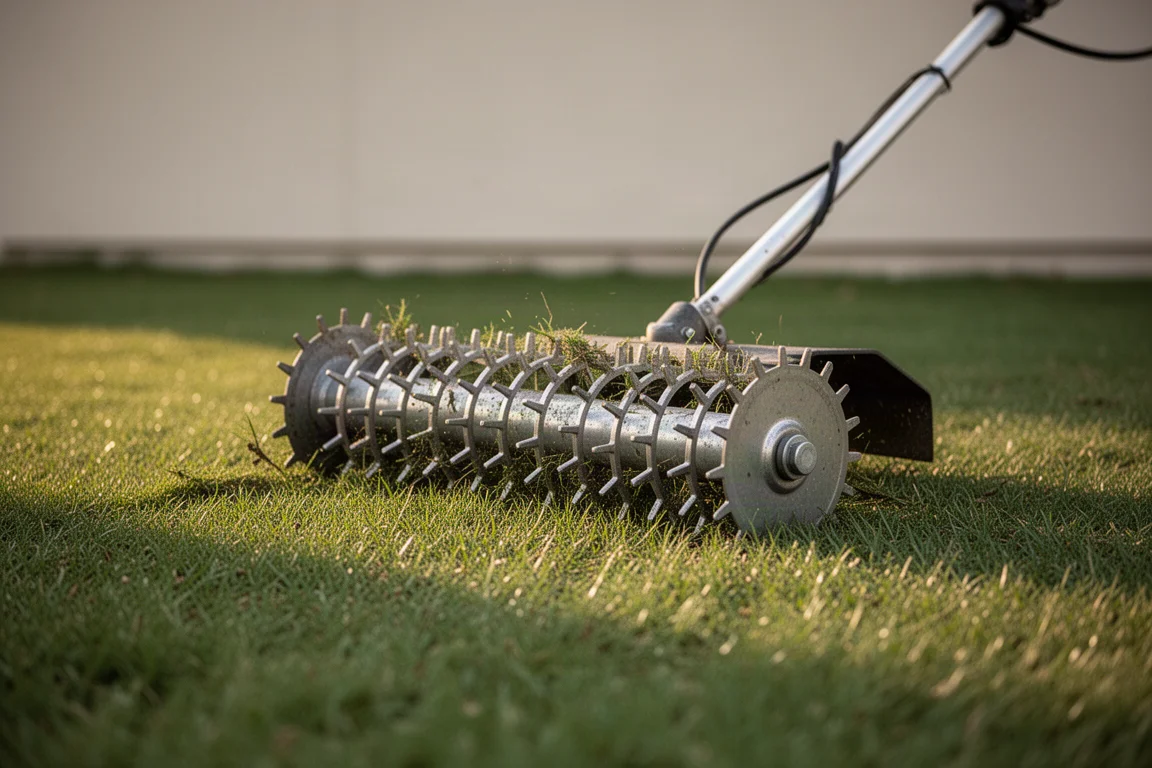 String trimmer with dethatcher head pulled across a lawn surface