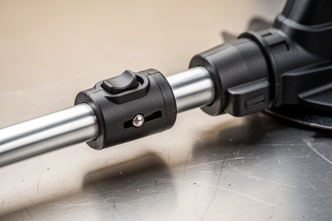 Close-up of a trimmer shaft coupling with a button-style release mechanism