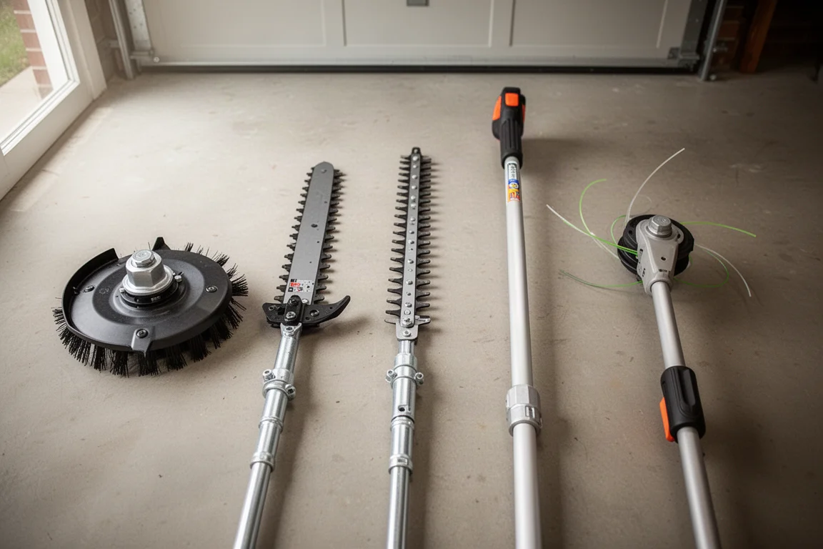 Range of string trimmer attachments lined up on a garage floor