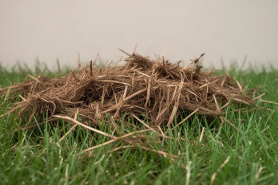 Thatch debris gathered on a lawn after dethatching