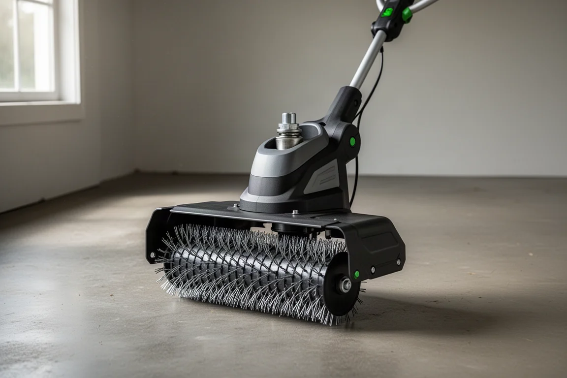 Decespugliatore a batteria con testa decespicante a denti appoggiata sul pavimento in cemento