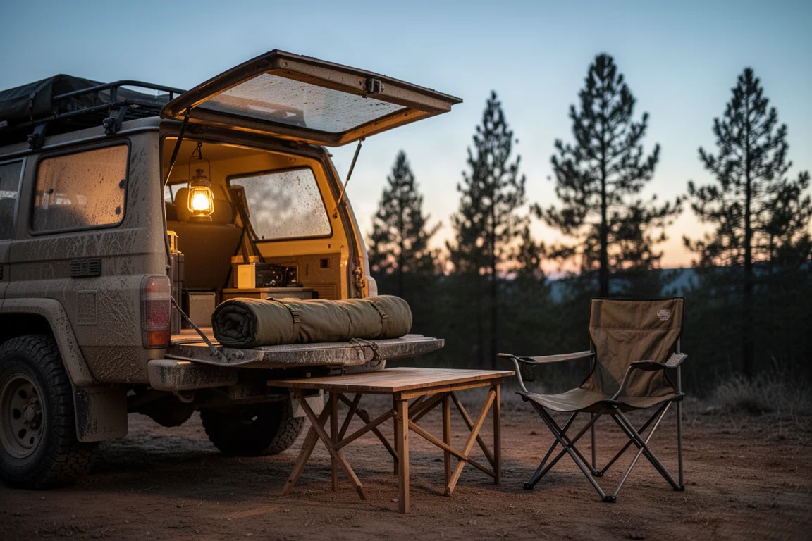 Camp chair and open tailgate of an overland vehicle at dusk with a sleeping bag laid out