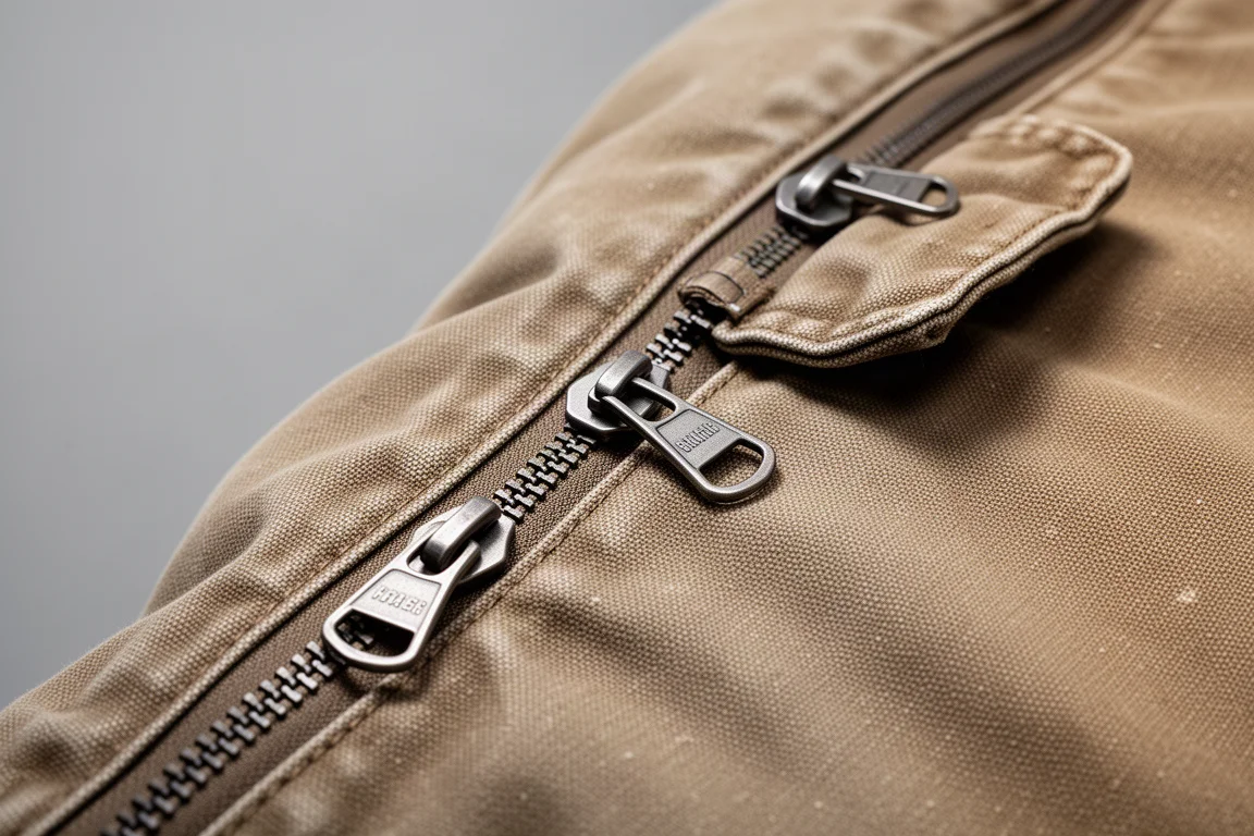 Close-up of a dual-pull zipper running along the edge of a canvas sleeping bag
