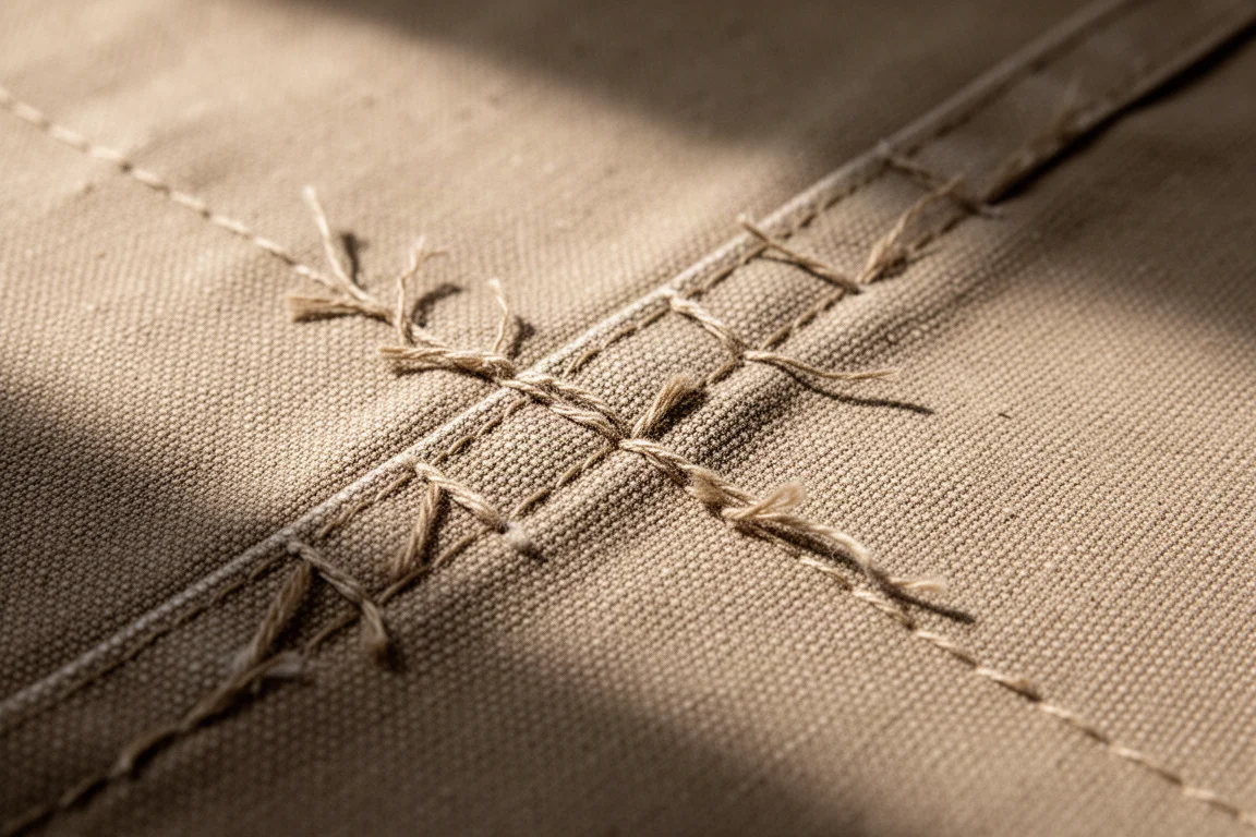 Macro view of stitched seam lines and thread ends on tan canvas fabric