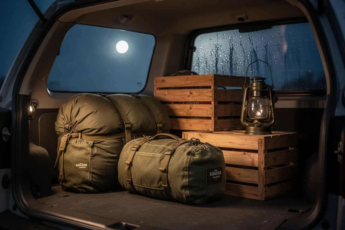 Canvas sleeping bag and duffel packed inside a vehicle cargo area at night