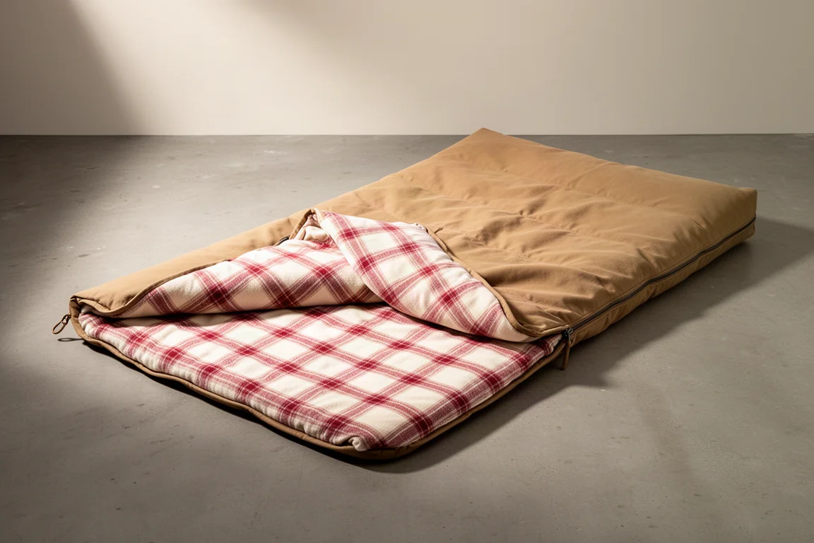 Tan cotton canvas rectangular sleeping bag opened in blanket mode on a concrete floor