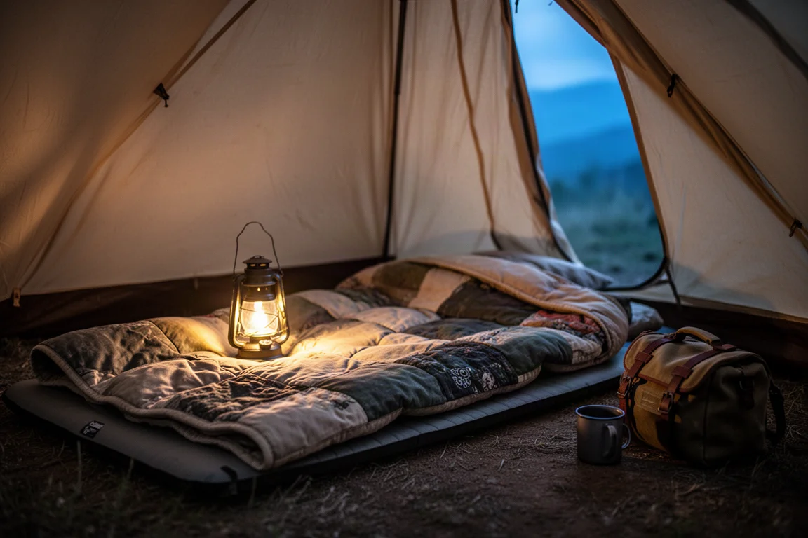 Canvas camping quilt draped over a sleeping pad inside a canvas tent at dawn