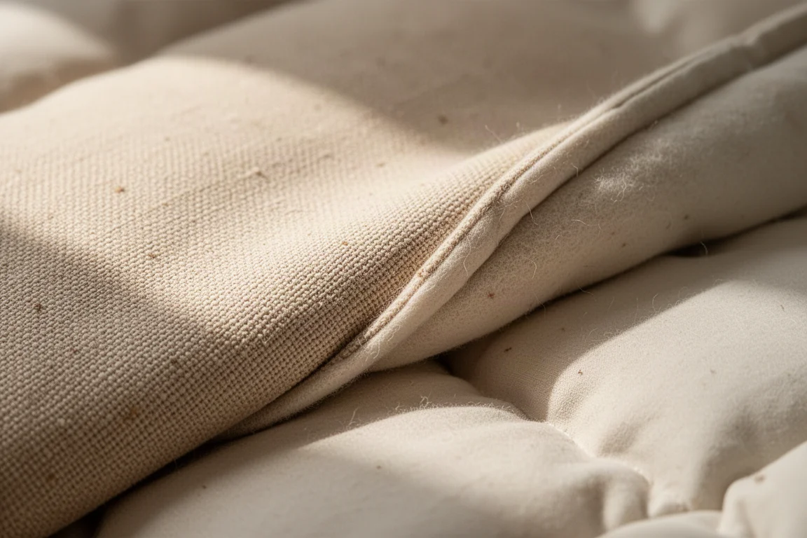Close-up of cotton canvas weave with flannel lining folded back at the edge